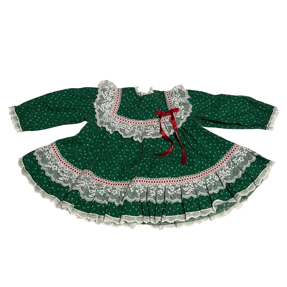 Vintage Bryan Girls Green Floral Lace Holiday Dress 12M Christmas Dress